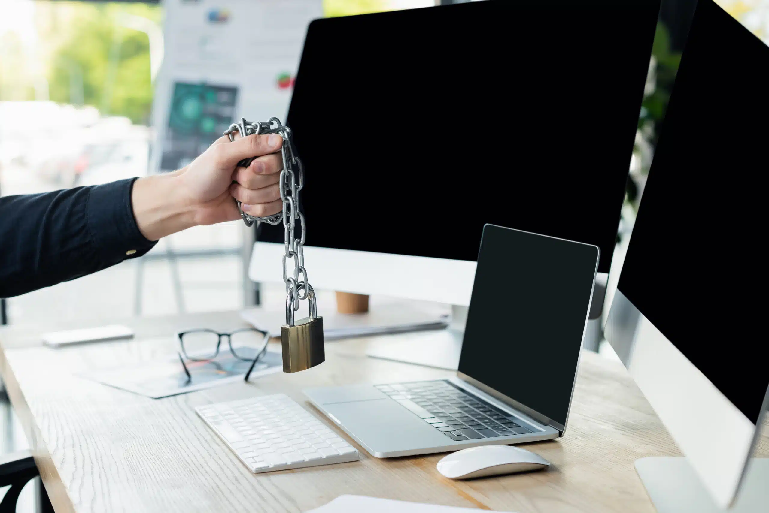 Cropped view of programmer holding padlock on chain near computers with blank screen in office